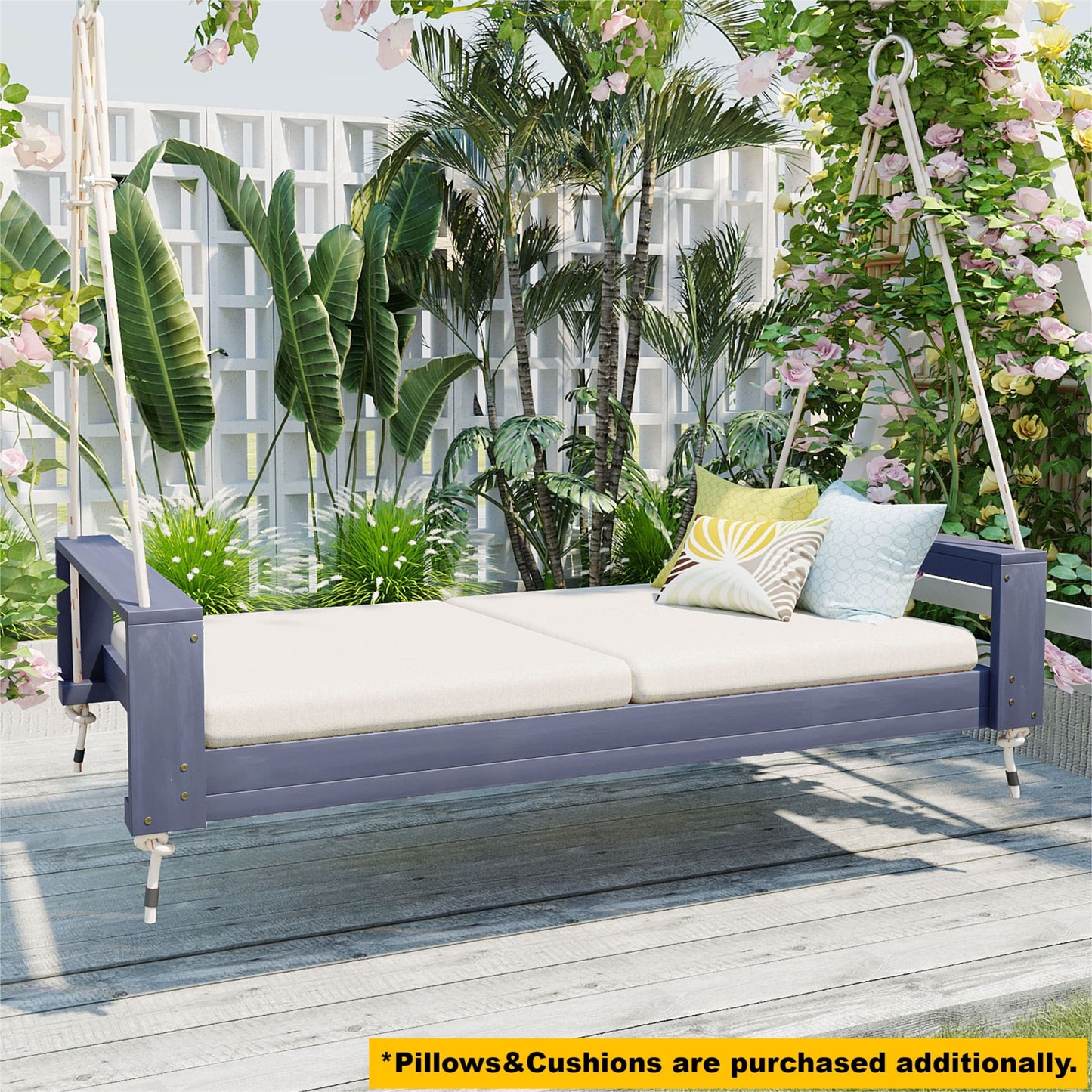 TOPMAX Twin Size Porch Swing Bed Seating Group, Patio Acacia Wood Swing Frame with Hemp Ropes for Garden, Backyard, Gray
