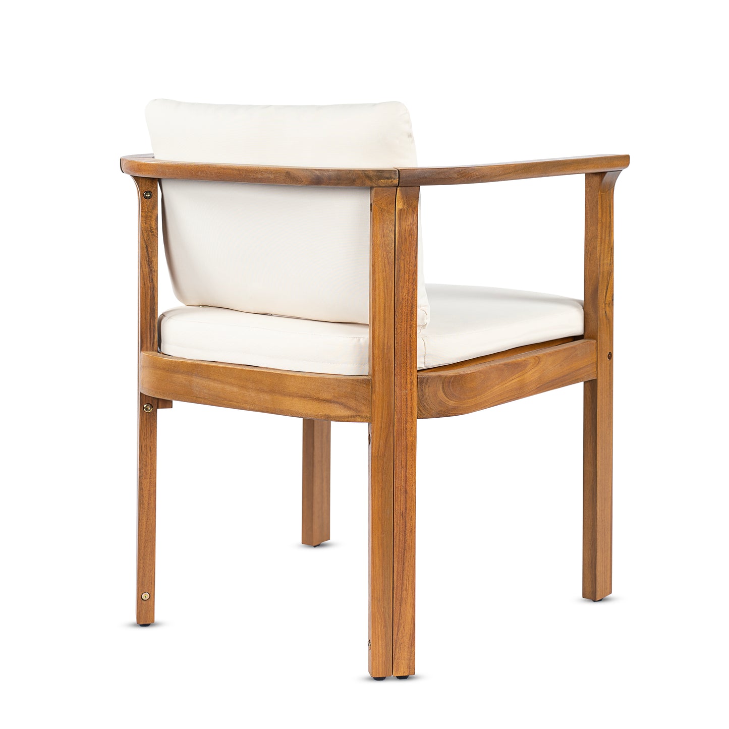 Outdoor Dining Chair Set of 2 with Curved Acacia Wood Arms, Teak Finish and Cream Cushions