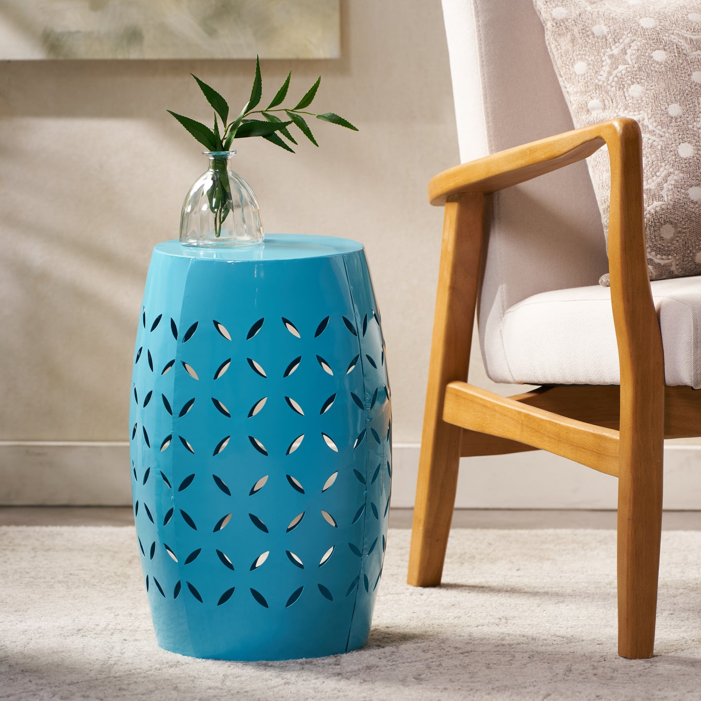 LILAC 12" Accent Side Table, Cylindrical Design End Table for Living Room, Family Room, or Entryway, Industrial Style,Coffee Side Tables for Indoor Outdoor, Blue Color