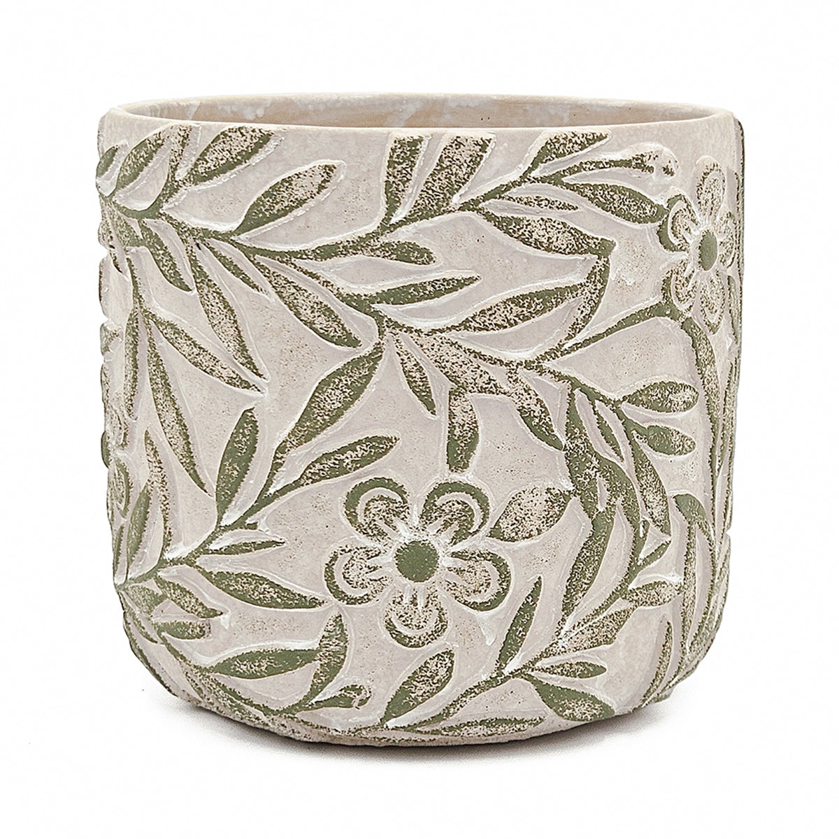 S/2 Gray Sand and Cement Planters with Etched Green Floral Motif, L:D6.7x6.3" S:D5.5x5"