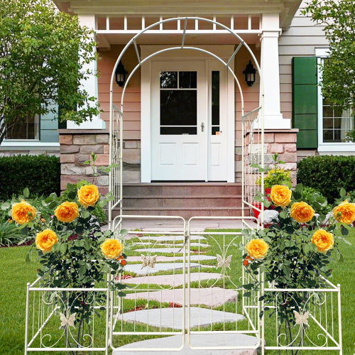 79.5 in. x 86.6 in. Metal Trellis-Cream White Garden Arch with Gate Outdoor Rose Arbor for Climbing Plants
