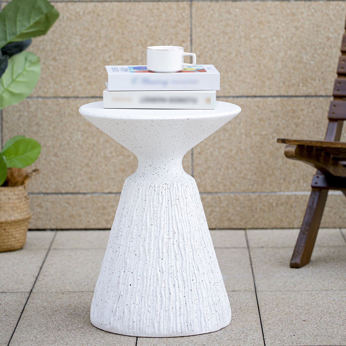 Outdoor White Marble Retro Speckled Textured All-Weather MGO Side Table – Indoor End Table for Home, Office, Living Room & Patio Decor