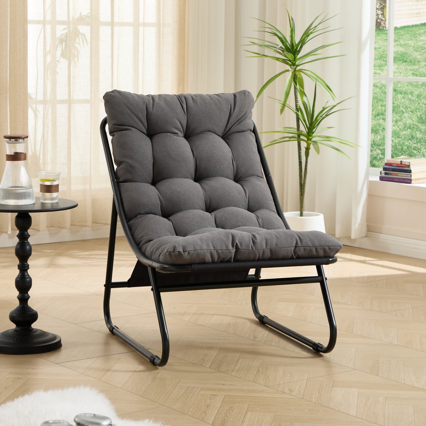 Patio Outdoor Lounge Chair with Ottoman, Comfy Sling Recliner Chair with Puffy Cushion and Foot Stool, Ideal for Living Room, Bedroom, Reading Room, Black frame with grey cushion