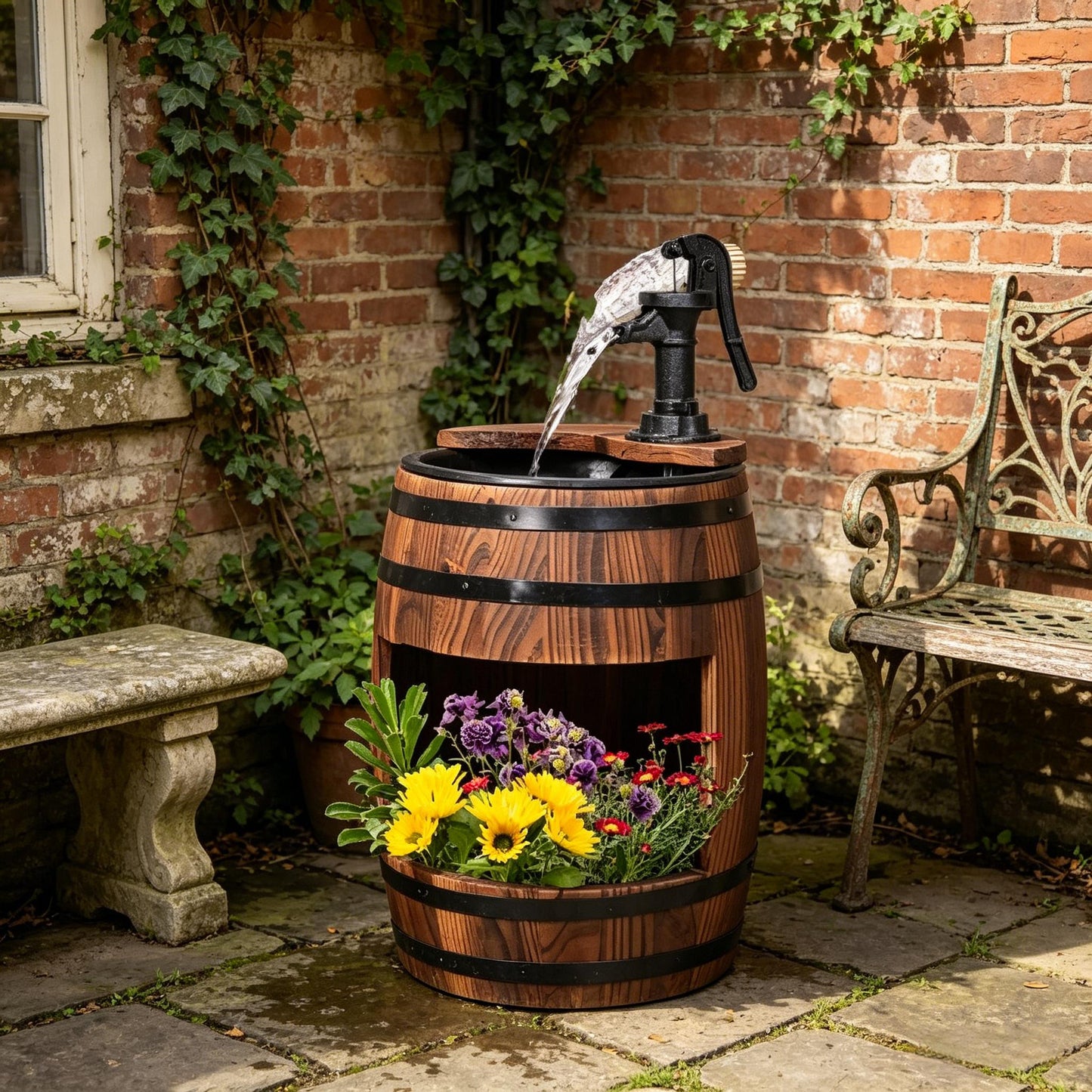 Wooden Water Pump Fountain,Patio Water Fountain,Apple Barrel Pump Garden Decor,Outdoor Water Fountain