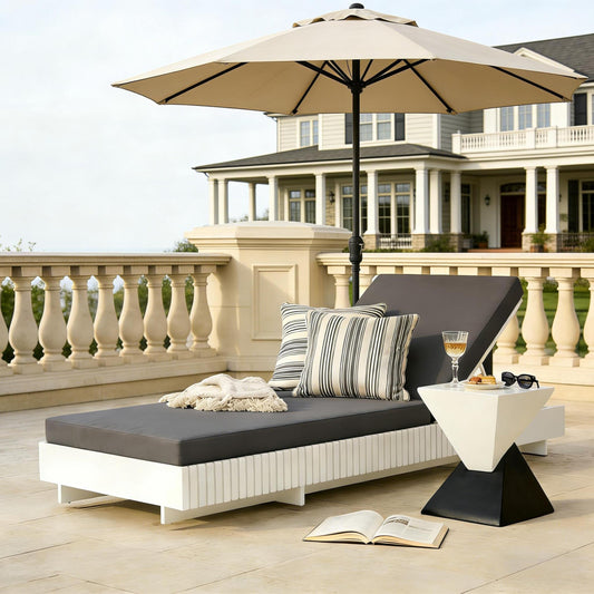 White Acacia Solid Wood Outdoor Chaise Lounge with Dark Grey Water-Repellent Cushion, 400lbs Capacity, Modern Patio Sun Lounger for Garden, Poolside