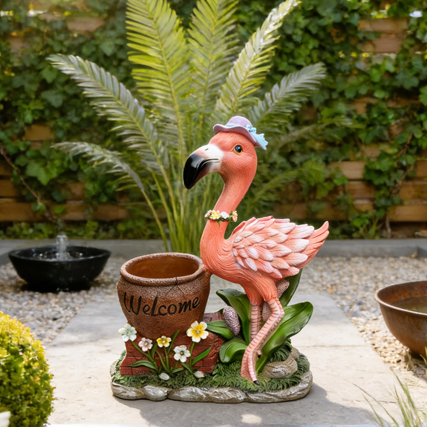Outdoor Garden Sculpture Flamingo Flower Pot Planter - Unique Yard Statue Decoration, Interesting Law Outdoor Ornament