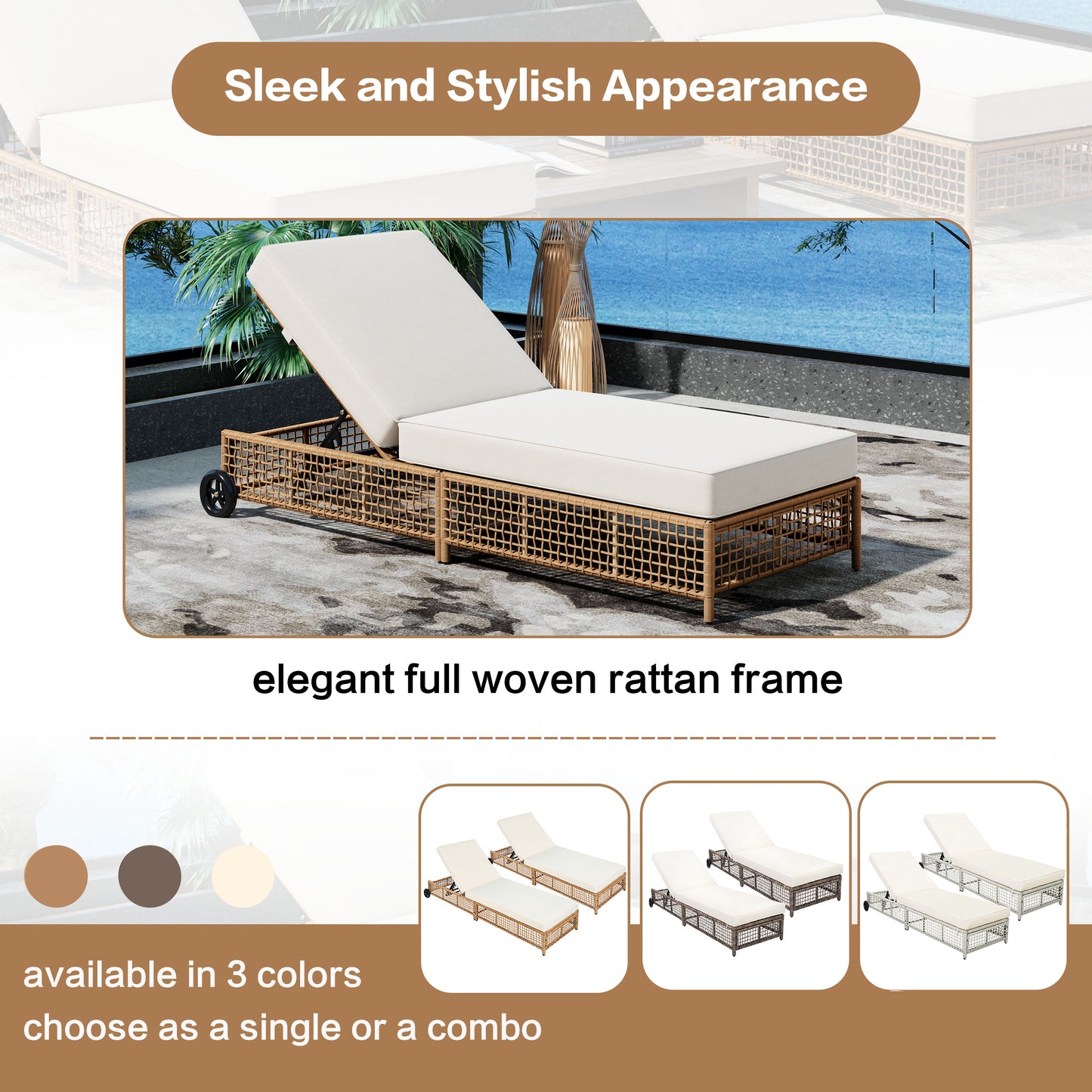TREXM Outdoor Lounge Chair Set of 2, Patio Chaise Lounge with 5-Position Backrest, Rattan Outdoor Lounge Chair with Cushion and Wheels for Poolside, Backyard, Garden (Natural+Beige)