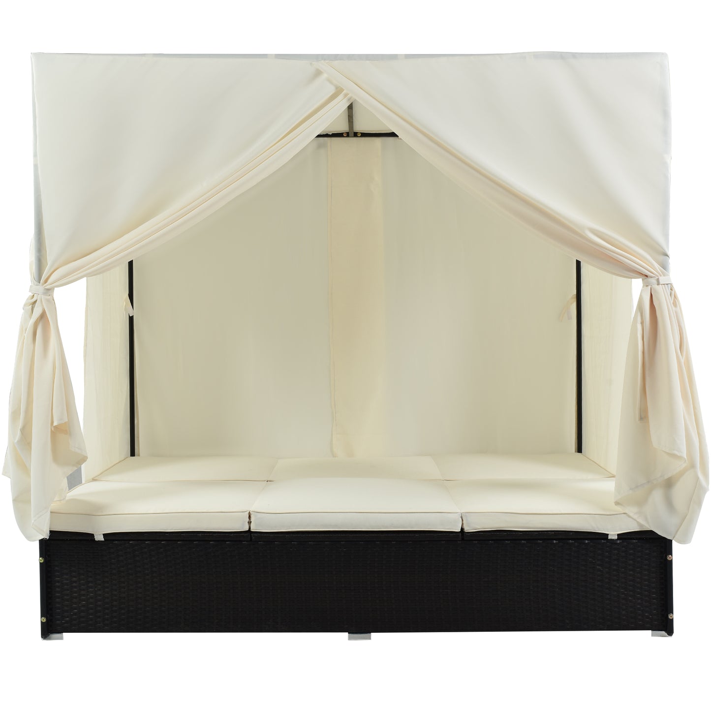 U_STYLE Outdoor Double Chaise Lounge Daybed with Curtains,Patio Outdoor Sunbed with Adjustable Backrest, Sturdy Steel Frame Loveseat Sofa for Backyard,Poolside, Terrace