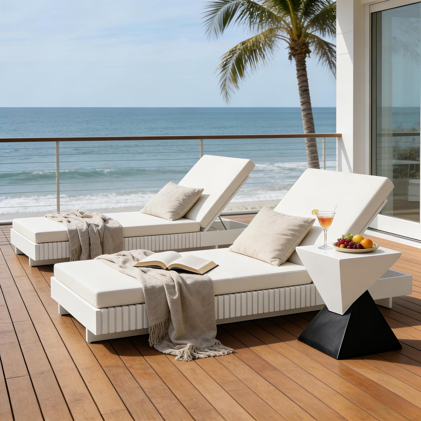 White Acacia Solid Wood Outdoor Chaise Lounge with Cream Water Repellent Cushion,400lbs Capacity, Modern Patio Sun Lounger for Garden,Poolside