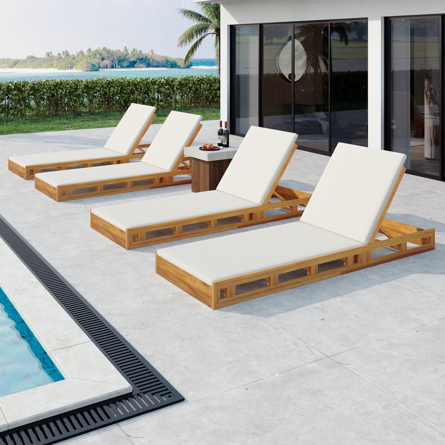 LOUNGE CHAISE SET,ACACIA WOOD WITH WATER-RESISTANT LOUNGE CUSHIONS (CREAM & 2 INCH THICK) - MATCHING DARK GREY/LEAF COCONUT VERSION AVAILABLE
