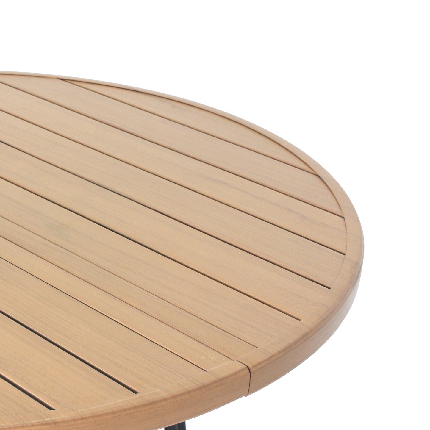 "Round Faux Wood Slat Patio Table 47" with Umbrella Hole, Realistic Wood Grain Top + Matte Black High-Quality Iron Legs, Rust-Resistant Outdoor Dining Table for Garden Patio Balcony