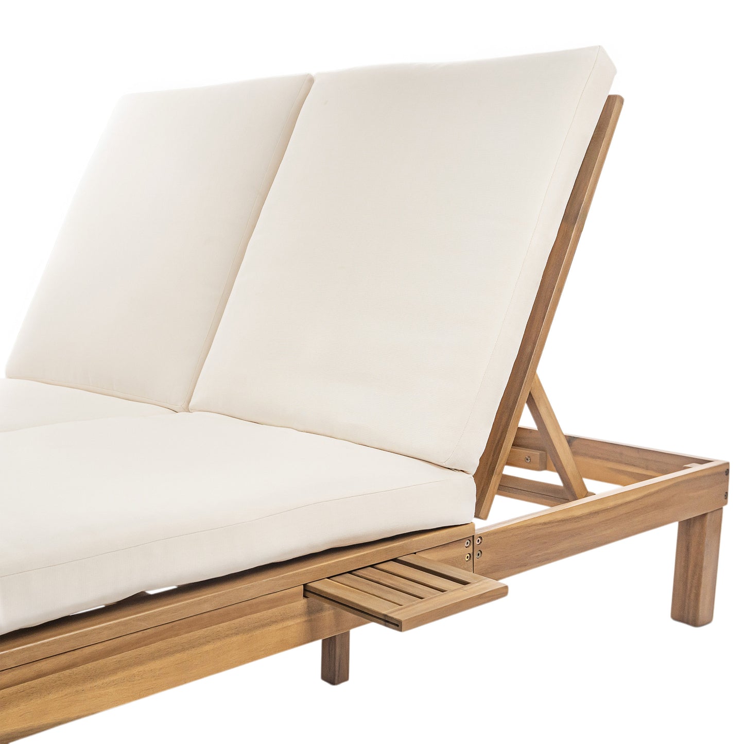 TREXM 5-Position Adjustable Backrest Double Chaise Lounge Outdoor, Outdoor Chaise Lounge with Cushion and Folding Side Trays for 2 People, Patio Double Chaise Lounge for Poolside Garden, Light Teak