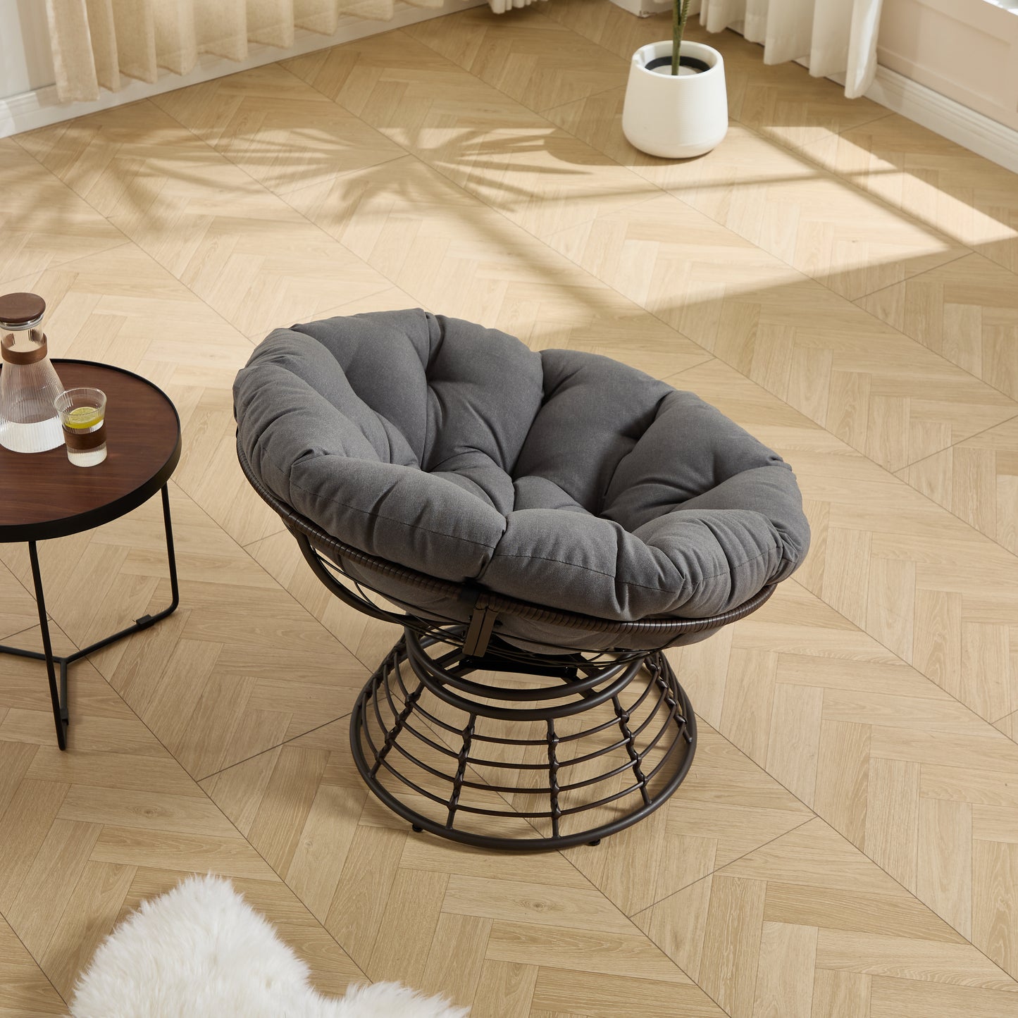 Comfortable Ergonomic Wicker Papasan Chair, 360° Swivel Indoor Outdoor Rattan Chair with Soft Thick Cushion, Ideal for Living Room, Bedroom, Reading Room, Brown Frame with Grey Cushion
