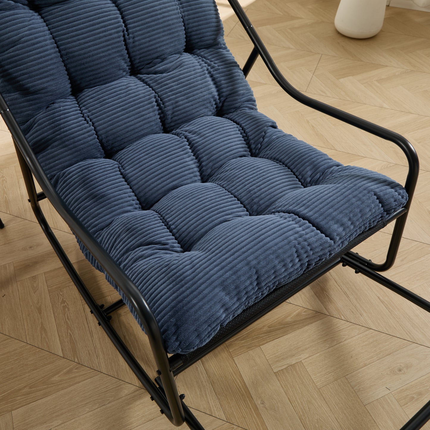 Outdoor Rocking Chair, Comfy Cushion, with Soft Thick Cushion,for Living Room, Bedroom, Reading Room, Black Frame with Navy blue Cushion
