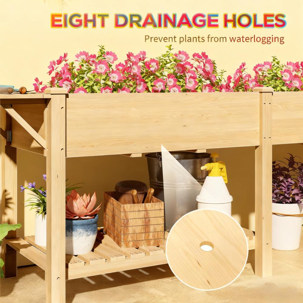 Elevated Garden Bed,Wood Raised Garden Box,with Side Table,Bottom Shelf,Bed Liners and Drainage Holes