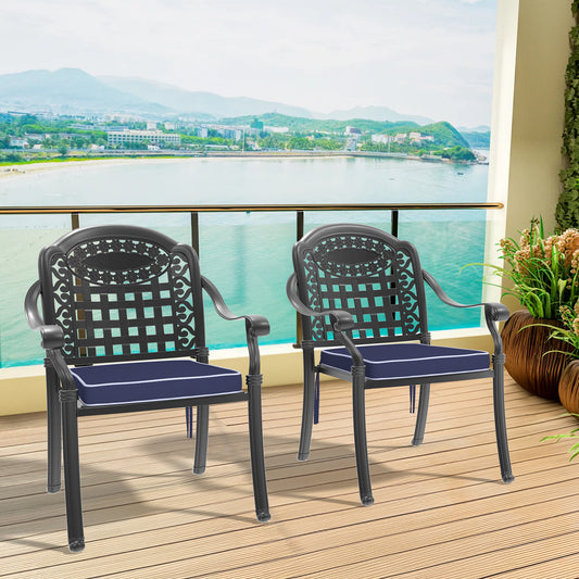 Cast Aluminum Patio Dining Chair 2PCS With Black Frame and Blue Cushions (same sku: W171091759)