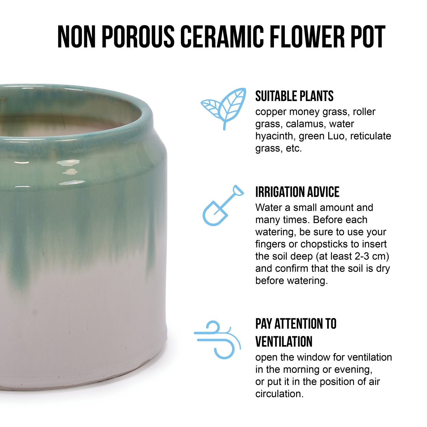 Handmade Ceramic Planter Set of 2, 8.5" & 6" Diameter, Green-White Ombre Glaze, for Aquatic Plants Indoor/Outdoor Shelf & Table Use, Non-Porous & Breathable Clay