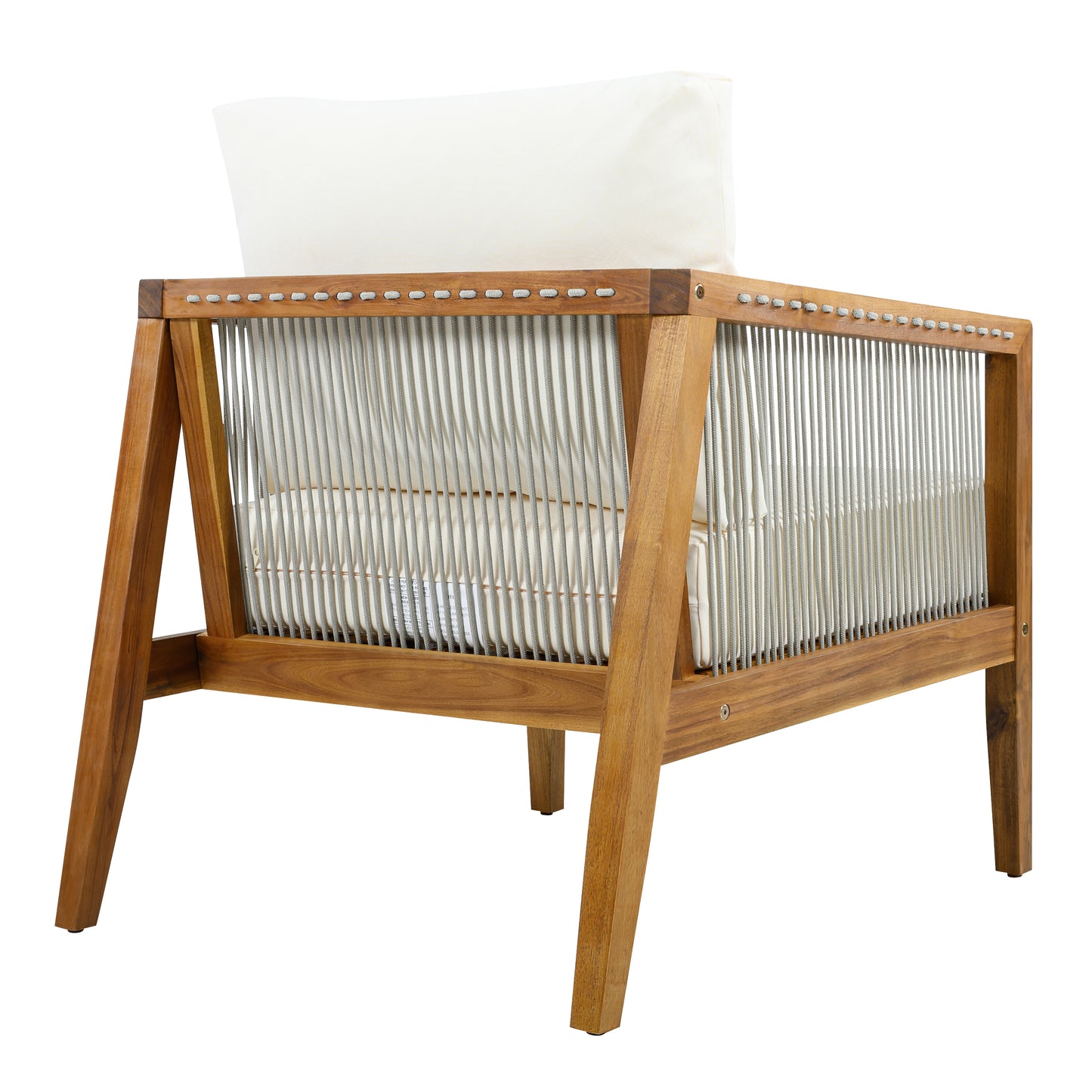 Outdoor Club Chair (Set of 1), Acacia Wood Frame with Rope Back, Water-Repellent Beige Cushions for Patio/Backyard/Deck, Teak Finish