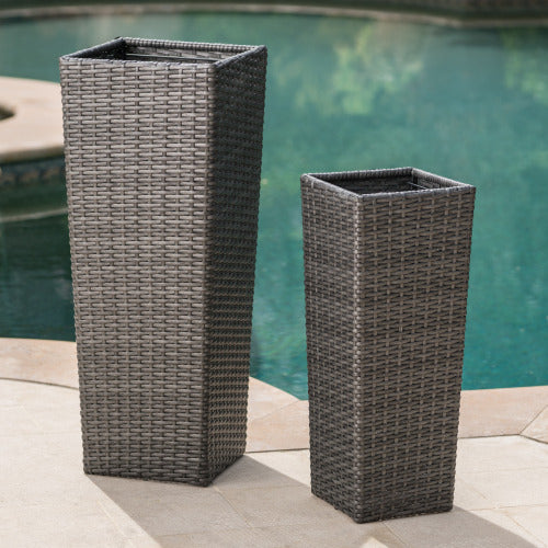 2-Pack Gray PE Wicker Tapered Outdoor Planter Pots with Iron Frame (11.75 in. and 9.06 in. W)