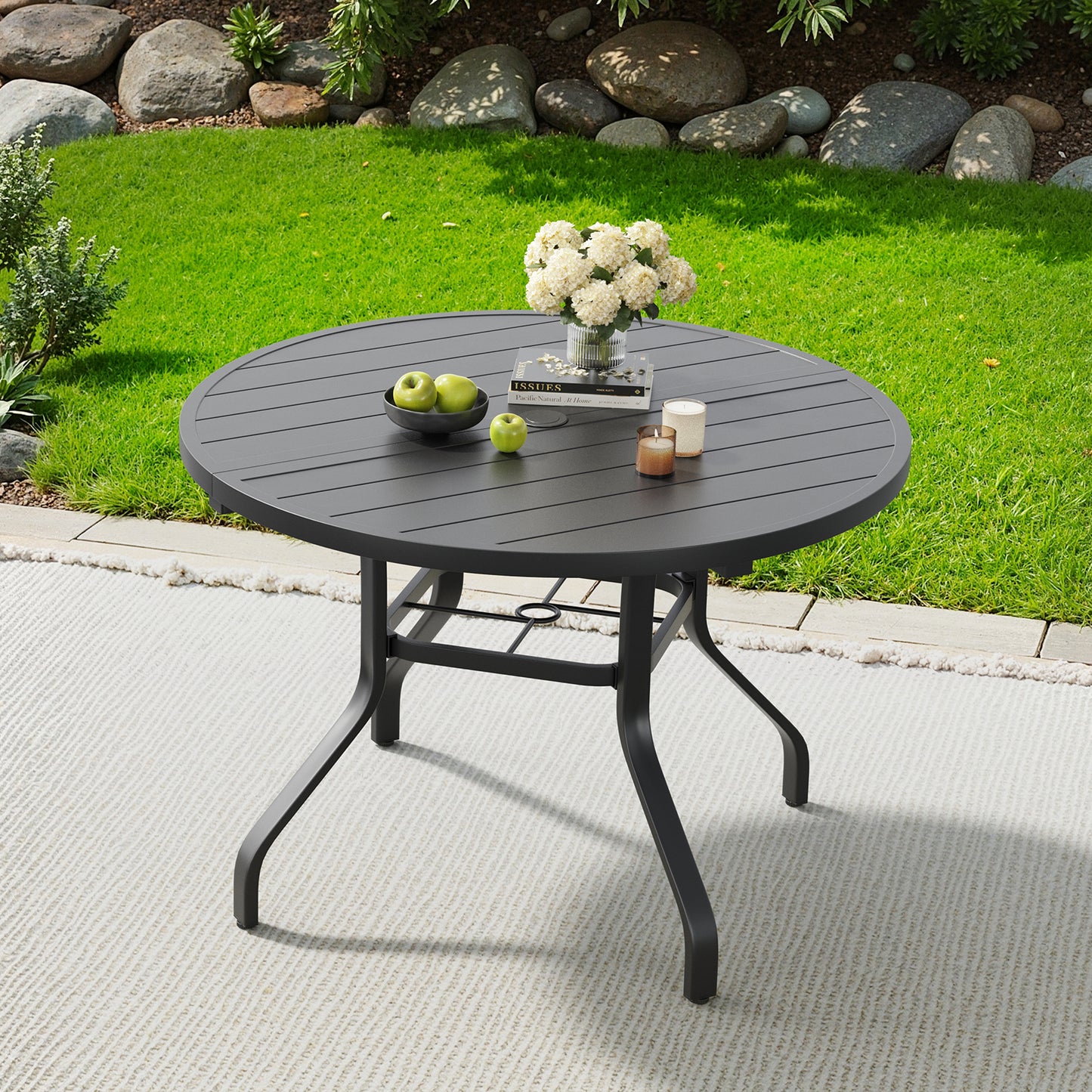 Round Outdoor Dining Table, 41" Round Patio Table Wood-Like Grain with 1.57" Umbrella Hole, Metal Outdoor Dining Tables for Backyard and Poolside