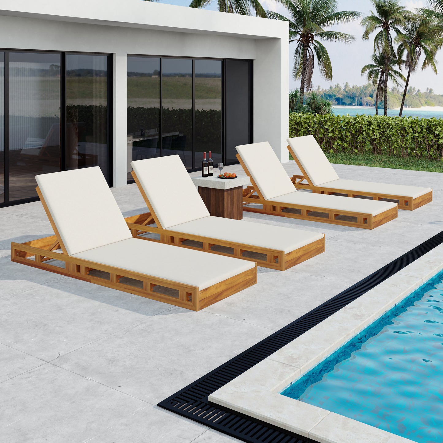 LOUNGE CHAISE SET,ACACIA WOOD WITH WATER-RESISTANT LOUNGE CUSHIONS (CREAM & 2 INCH THICK) - MATCHING DARK GREY/LEAF COCONUT VERSION AVAILABLE