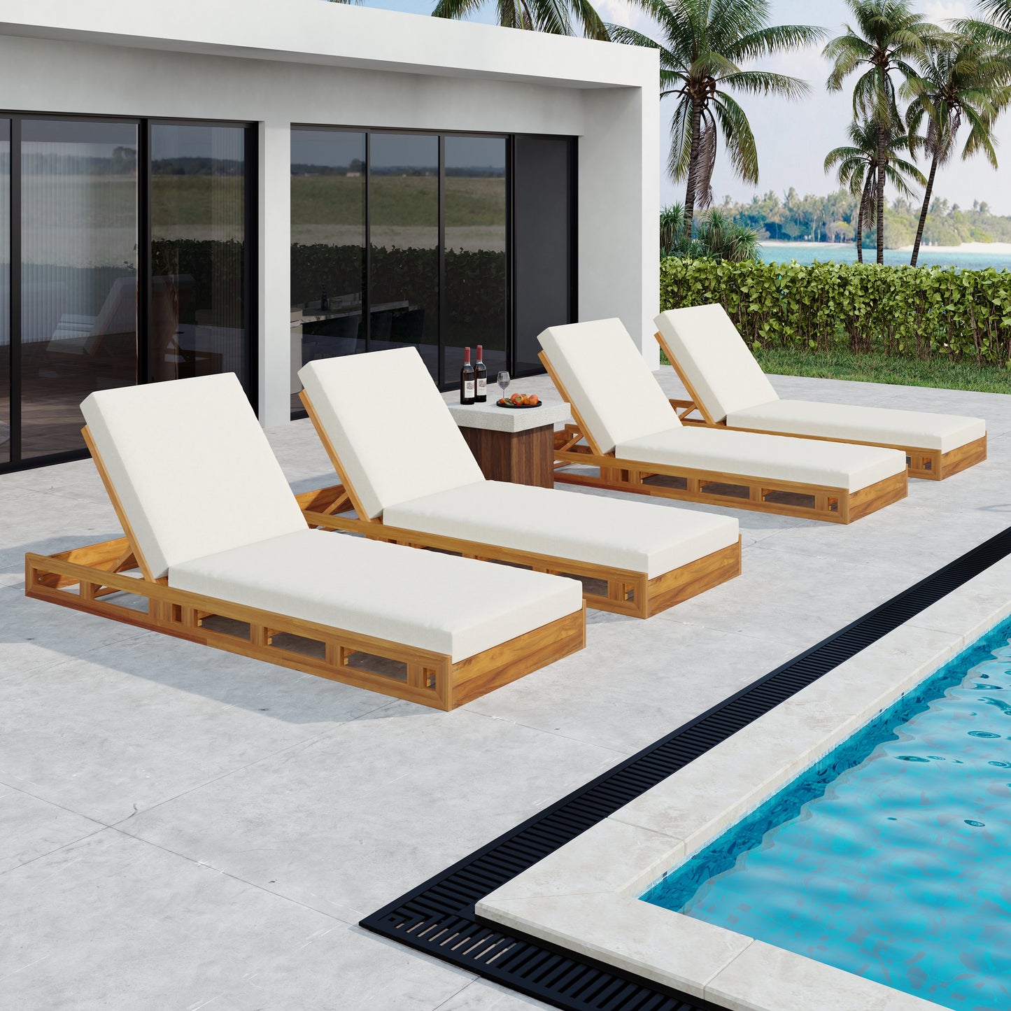 LOUNGE CHAISE SET, ACACIA WOOD WITH WATER-RESISTANT LOUNGE CUSHIONS (CREAM & 4 INCH THICK) - MATCHING DARK GREY VERSION AVAILABLE