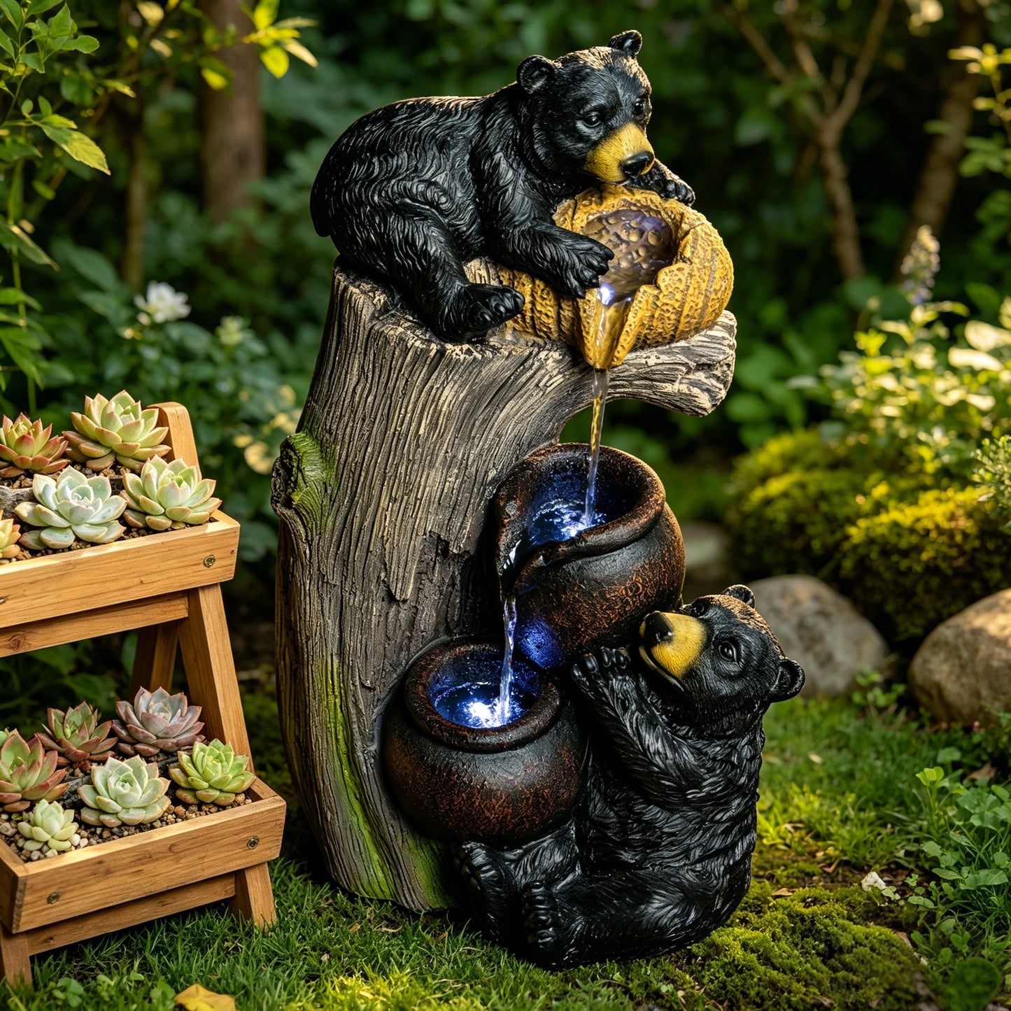 Bear Outdoor Water Fountain with LED Lights Cascading Fountains Outdoor for Patio Yard Balcony 23.62'' Garden Fountains Outdoor and Outdoor Water Fountain Decor