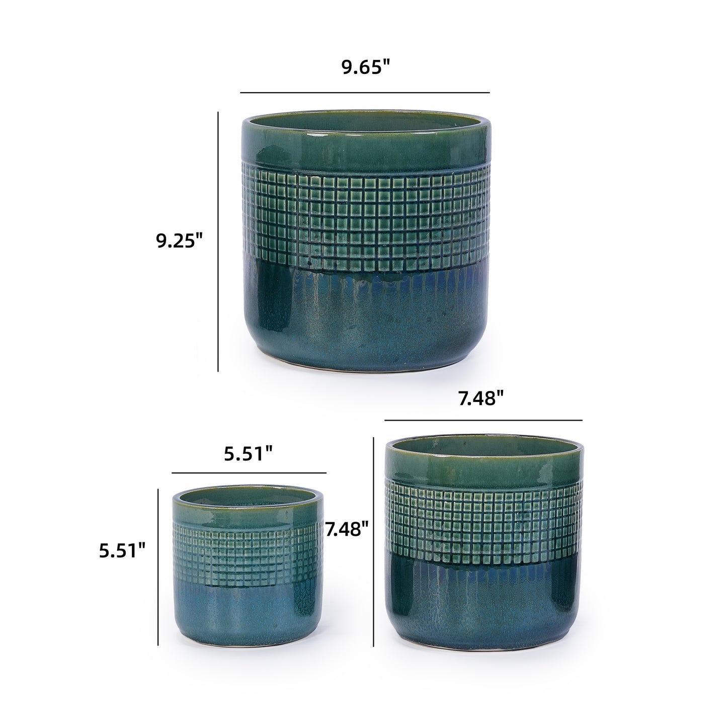 Handmade Green Glazed Ceramic Planter Set of 3, 10" 8" 6" Diameter, Square Grid Pattern, for Succulents & Herbs Indoor/Outdoor Shelf & Table Use, Breathable Clay with Drainage Holes