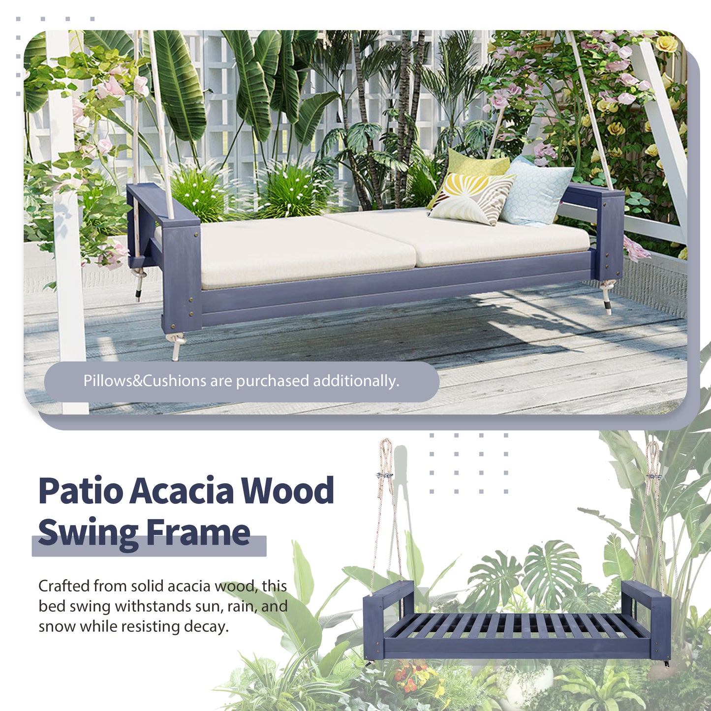 TOPMAX Twin Size Porch Swing Bed Seating Group, Patio Acacia Wood Swing Frame with Hemp Ropes for Garden, Backyard, Gray