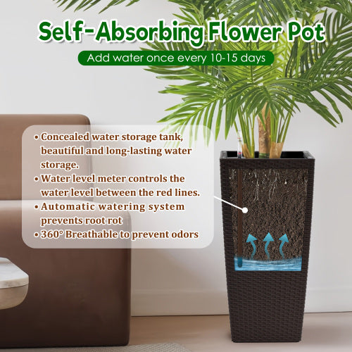 Polypropylene Plastic Square Planter Set with Automatic Watering System in Brown for Patio (2-Pack)