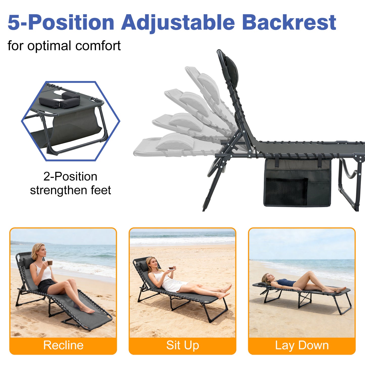 Face Down Chaise Lounge Chair 5-Position Adjustable Sunbathing, Foldable Tanning Chair with Face& Arm Holes, Outdoor Recliner Chair for Pool, Beach, Patio, Lawn (Black, 2 Pcs)