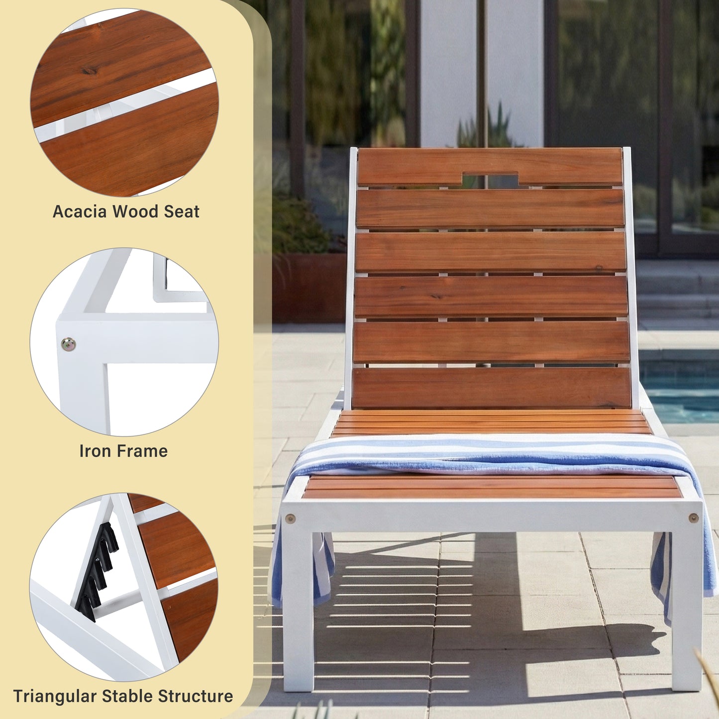 Outdoor Chaise Lounges Pool Lounge Chairs Outdoor Daybed Recliner with Adjustable Backrest for Patio, Poolside or Beach, White+Brown