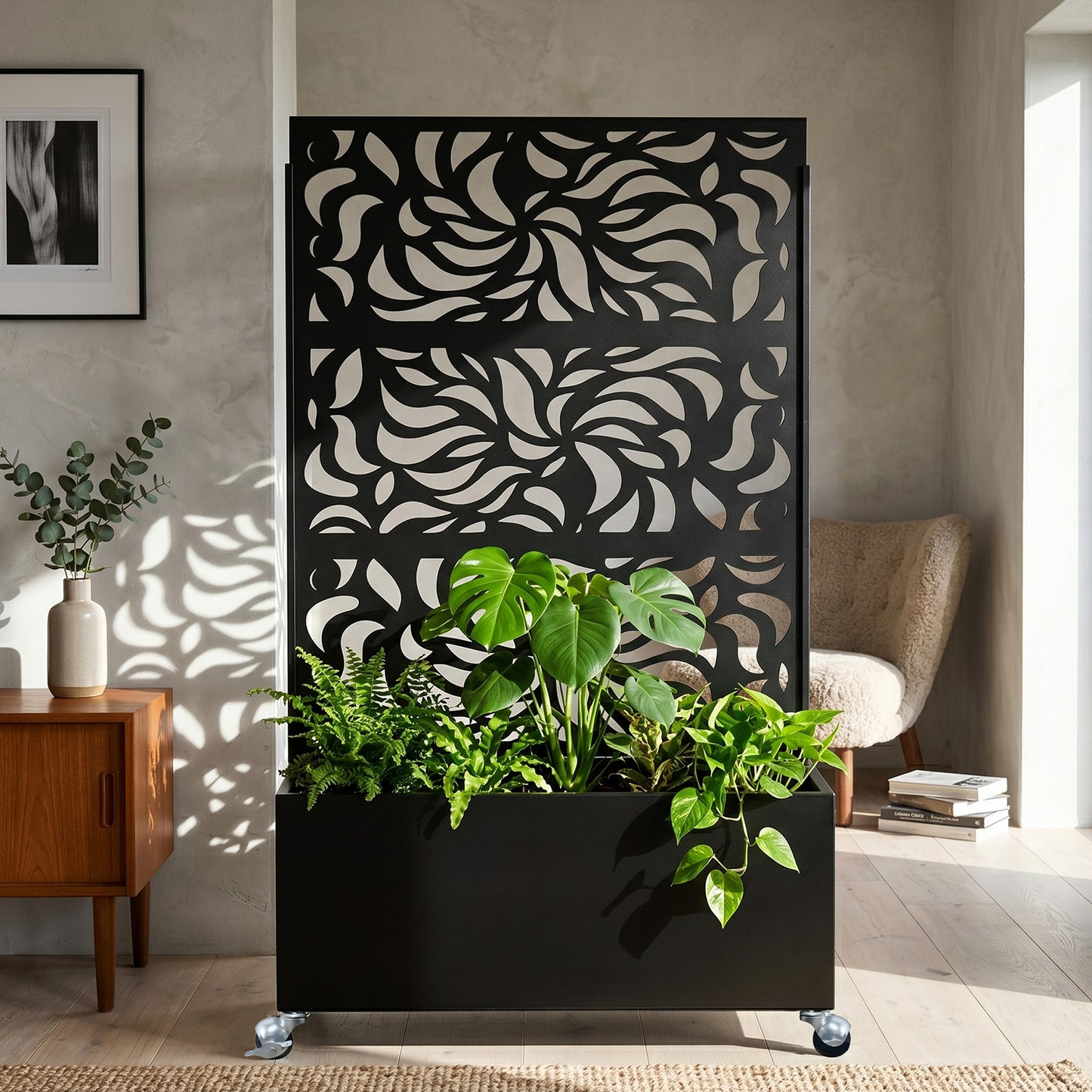 70.87" H × 46.06" W Leaf Pattern Privacy Screen with Planter Box, Black Metal Freestanding Decorative Fence Planter for Patio Balcony Backyard