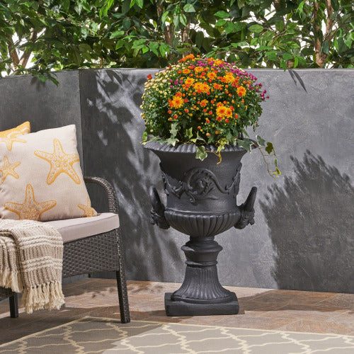 18.75 in. W x 28.25 in. H Concrete Garden Urn Planter in Black