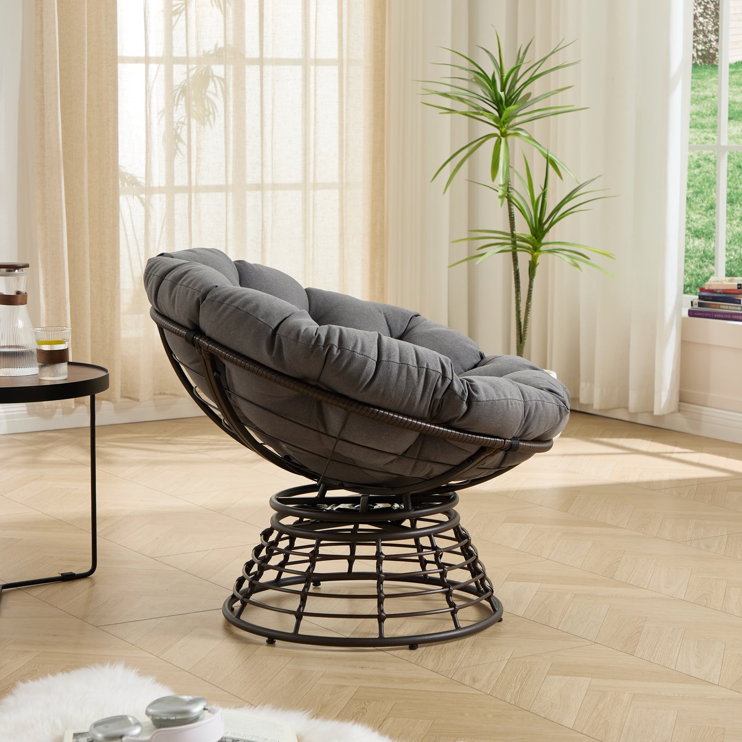 Comfortable Ergonomic Wicker Papasan Chair, 360° Swivel Indoor Outdoor Rattan Chair with Soft Thick Cushion, Ideal for Living Room, Bedroom, Reading Room, Brown Frame with Grey Cushion