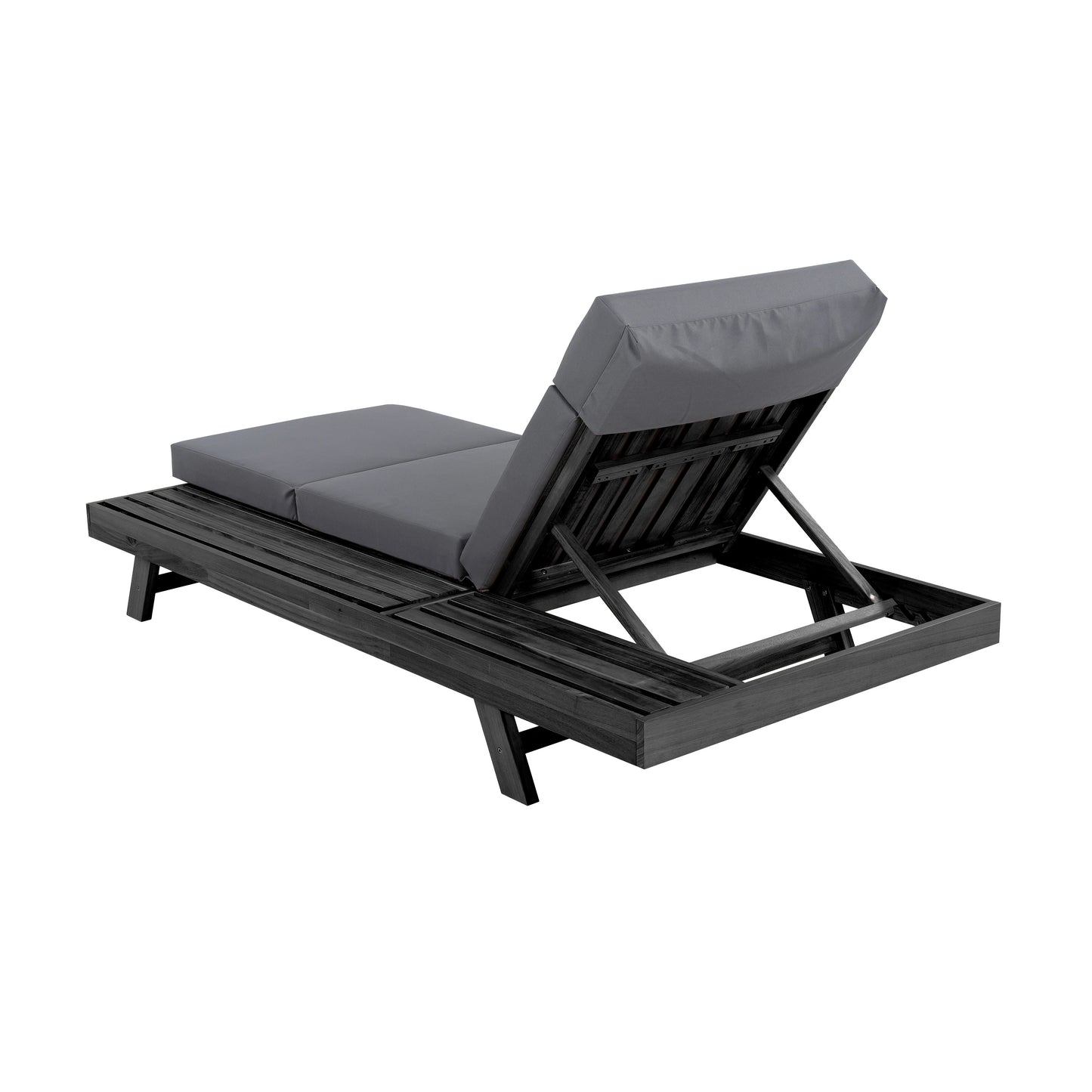 Lounge Chaise Set With Headrest, Space Available On One Side, Acacia Wood In Black With Water-Resistant Lounge Cushions (Dark Grey & 3-Fold & 4 Inch) – Matching Cream/Beige Version Available