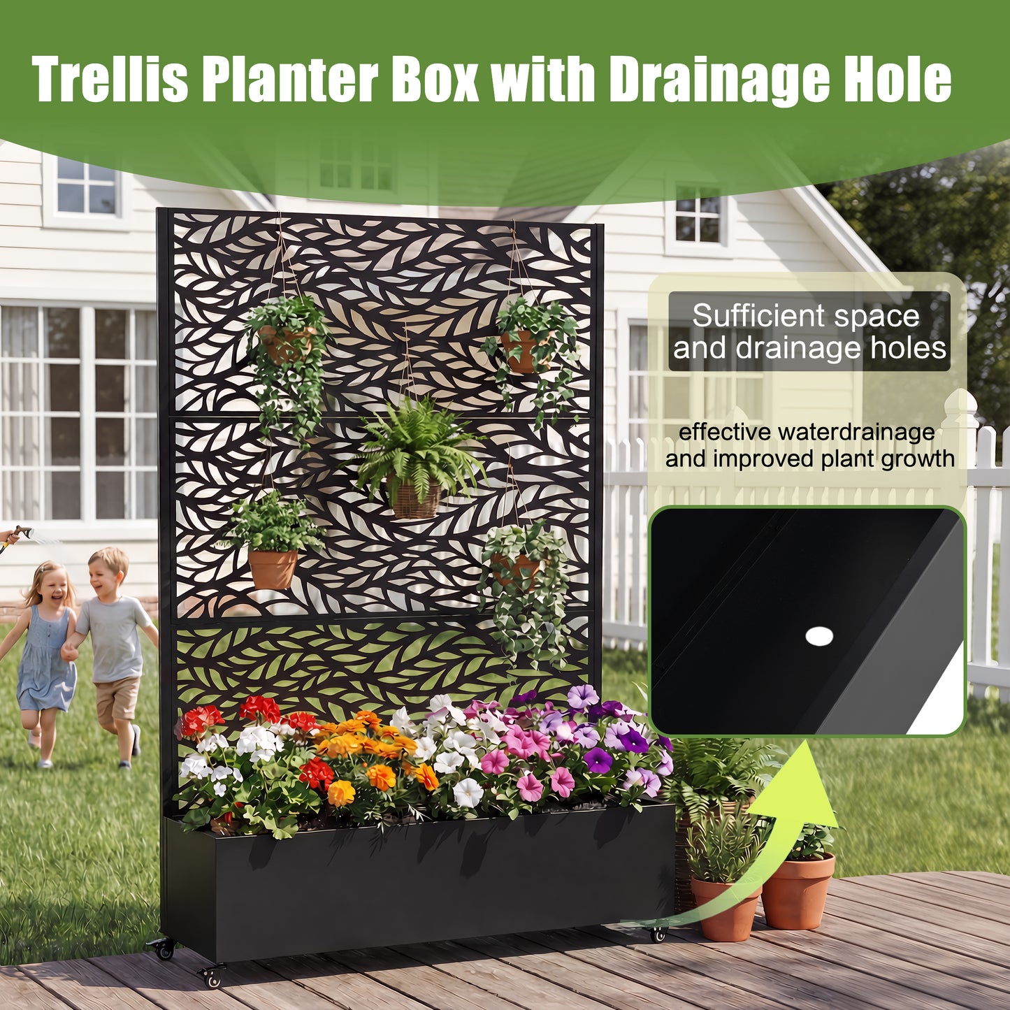 Metal Raised Garden Bed with Wheels and Trellis,73"x47"x16" Planter Box for Climbing Plants, Vegetables & Vines, Features Privacy Screen and Drainage Holes