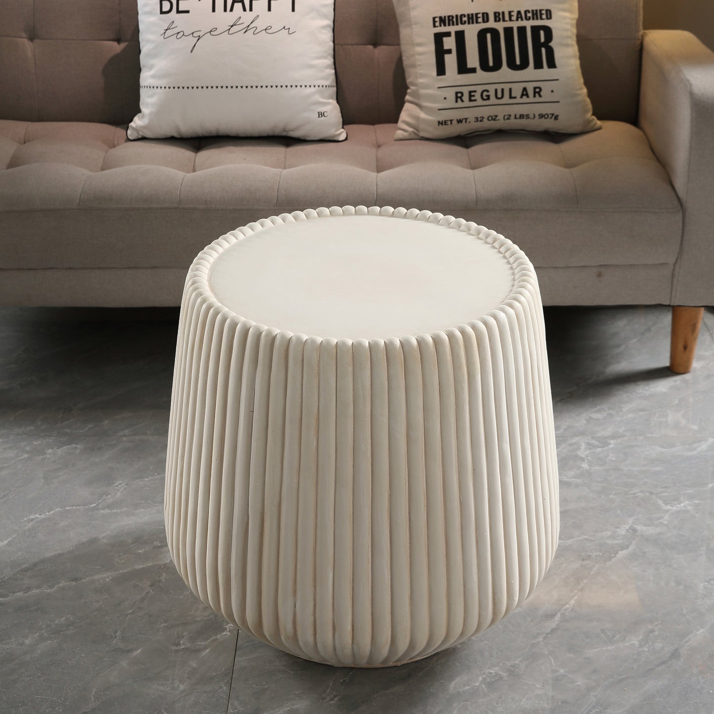 Off-White Magnesium Oxide Fluted Tapered Side Table  16.54" Top Diameter Round End Table