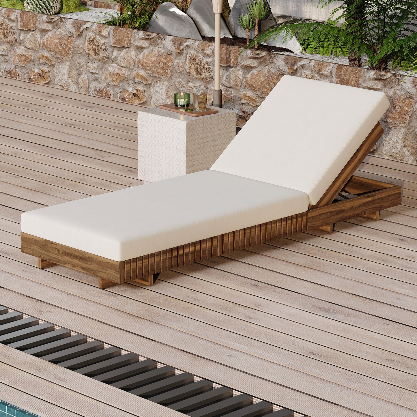 LOUNGE CHAISE SET, ACACIA SOLID WOOD WITH  LOUNGE CUSHION (Cream) - Matching Dark Grey Version Available