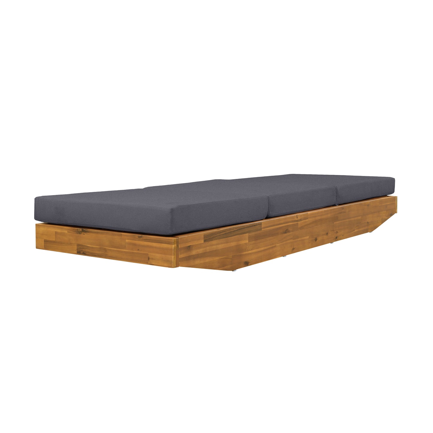 Acacia Wood Chaise Lounge with Cushion - Teak Finish Outdoor Recliner with Dark Grey 3-Fold Water-Repellent Cushion, 300lbs Capacity