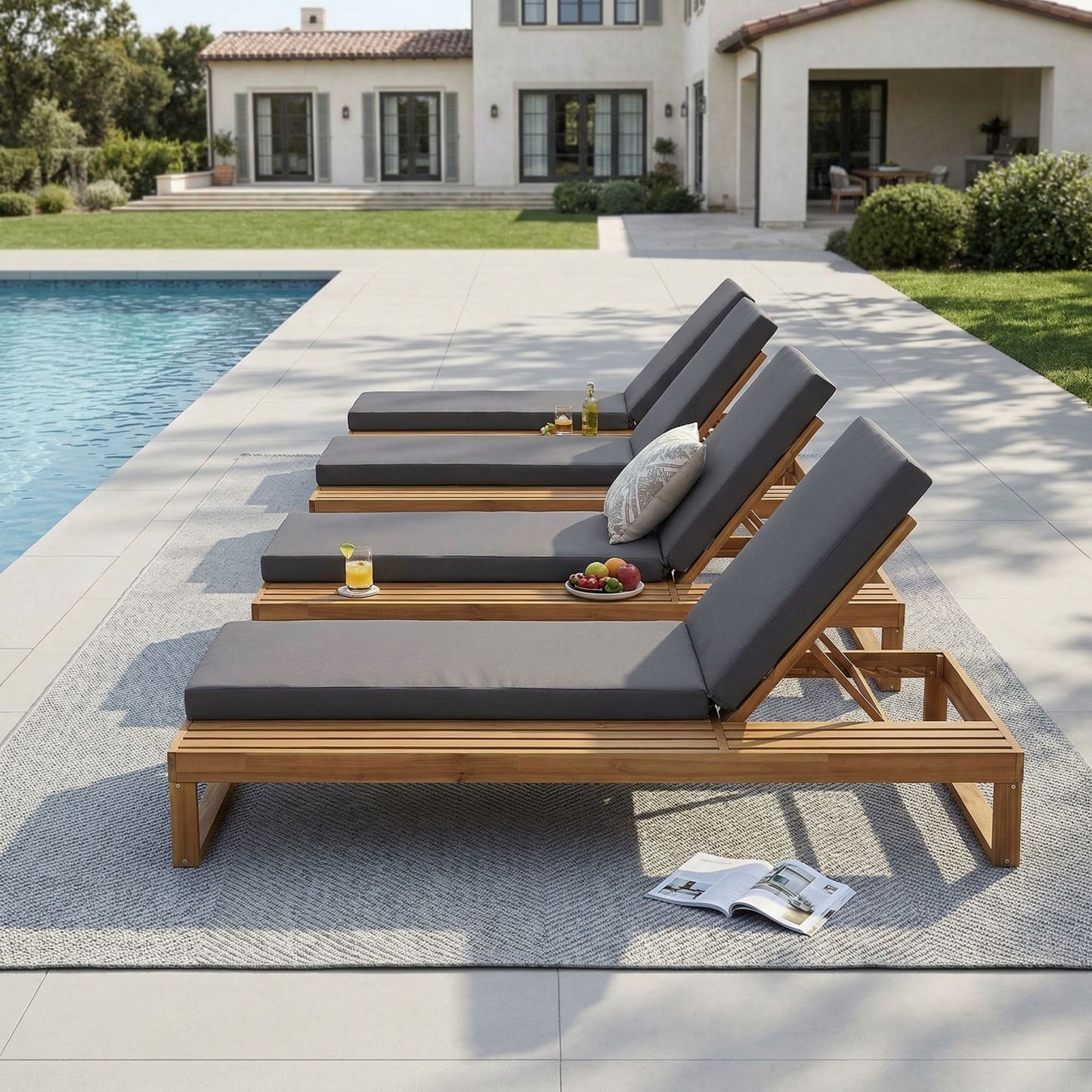 Teak Finish Acacia Wood Chaise Lounge with 4-Inch Dark Grey 2-Fold Cushion Set, 4-Position Adjustable Outdoor Patio Lounger with Flat Side Surface, for Poolside - Matching cream version available