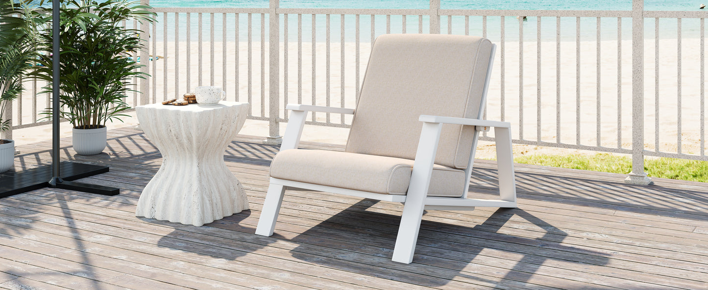 Patio Lounge Chair, Outdoor Club Chair with Beige Cushion and White Acacia Wood Frame