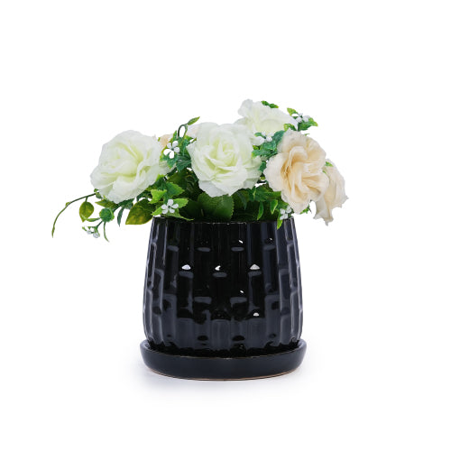5 in. and 7 in. Black Garden Ceramic with Tray Planter (2-Pack)