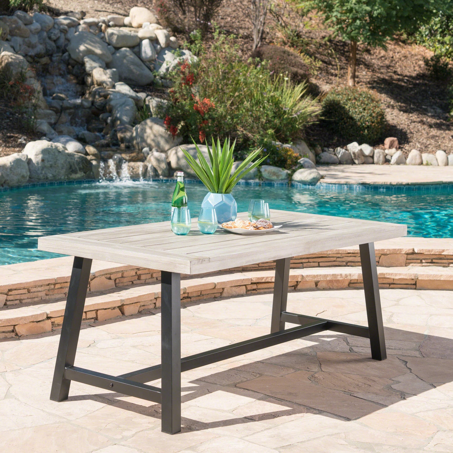 Outdoor Light Grey Sandblast Finish Acacia Wood Dining Table with Black Rustic Metal Finish Frame