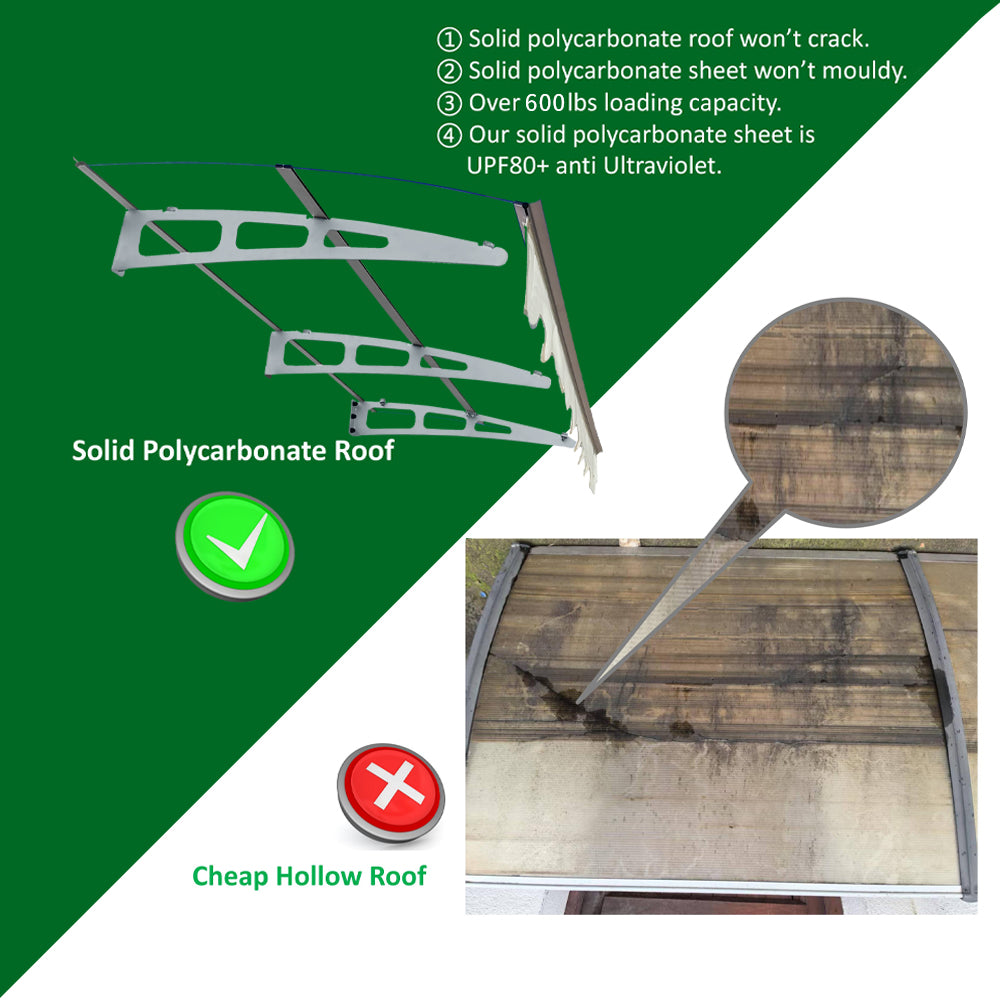 DA7934C Series Door Window Awning Canopy Made of 0.137Inch Thick Crystal Solid Polycarbonate Sheet and Aluminum Alloy with Valance in size of 79" Wide x 34" Deep for Masonry Concrete Wall House only.