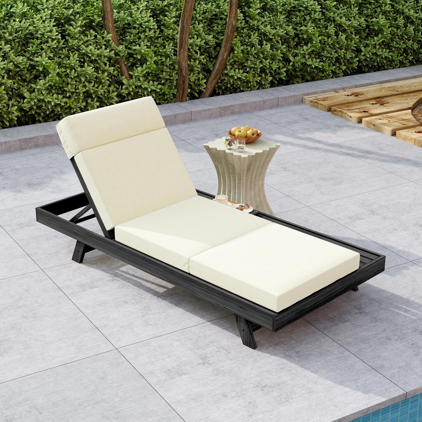 Lounge Chaise Set With Headrest, Space Available On One Side, Acacia Wood In Black With Water-Resistant Lounge Cushions (Beige & 3-Fold & 4 Inch) – Matching Dark Grey/Cream Version Available