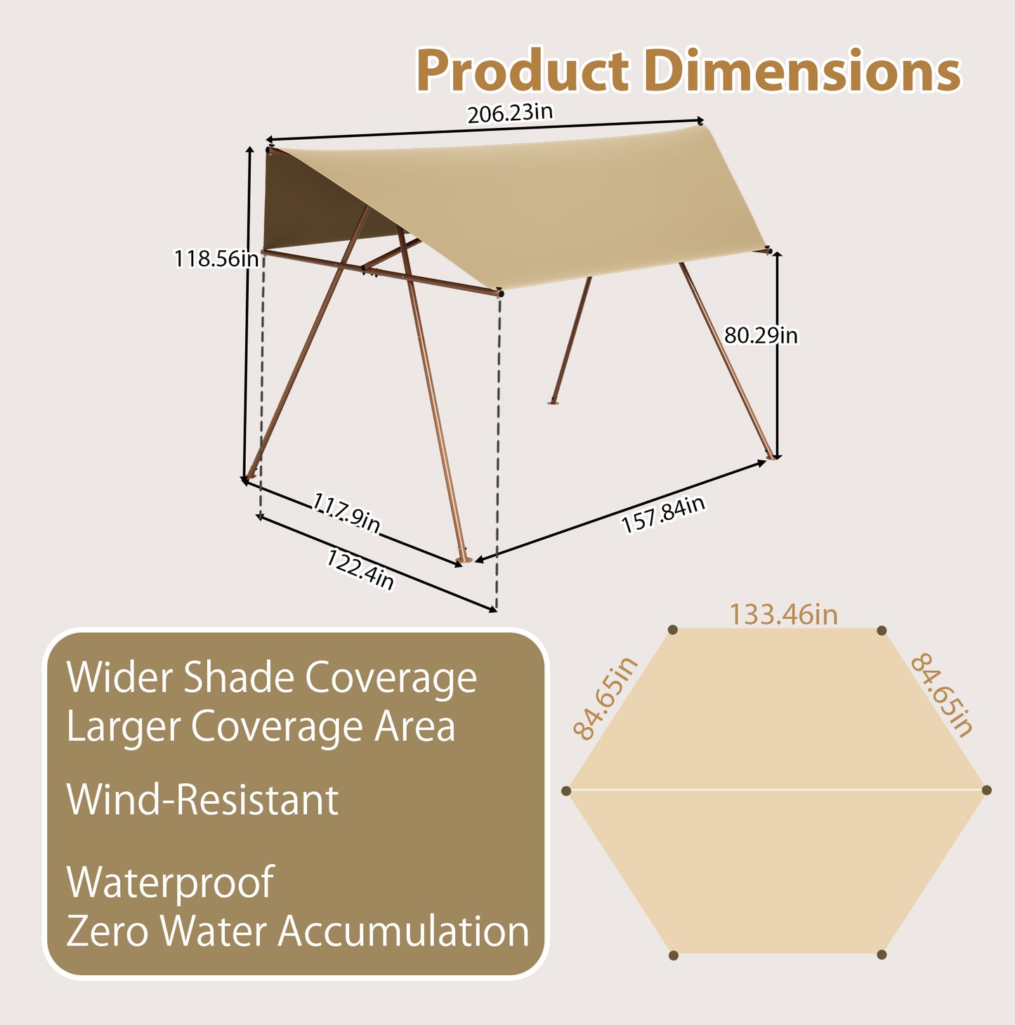 Hexagonal Shade Sail Canopy, Large 206"x118" UV Block Sun Shade with UPF 50+, Waterproof High-Density Polyester Fabric, Brown Rust-Resistant Poles & Built-in Hooks for Patio Backyard – Light Khaki