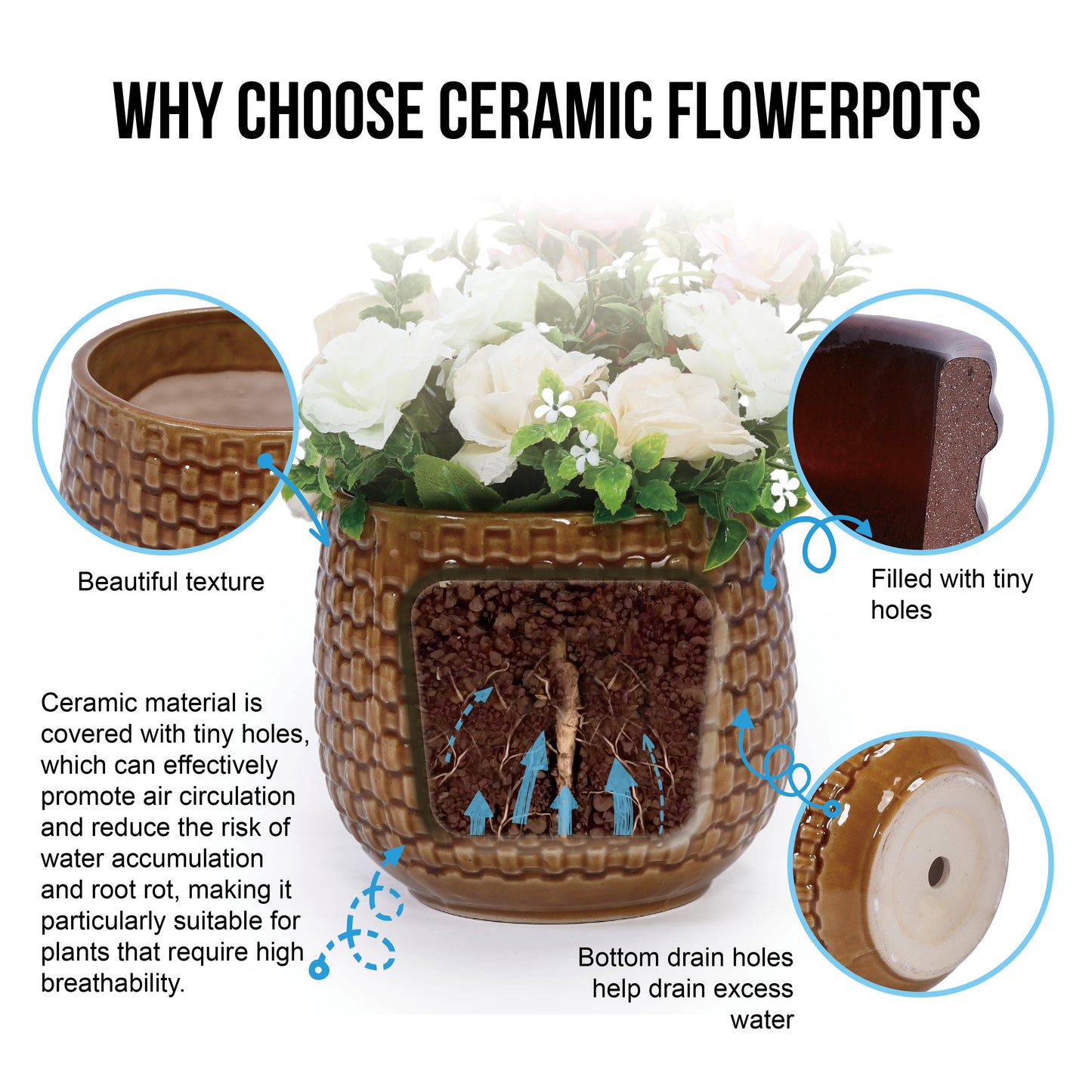 Handmade Glazed Ceramic Planter Set of 3, 9"/7"/5" Diameter, Diamond Pattern, for Succulents & Herbs Outdoor Garden & Indoor StaircaseUse, Breathable Clay with Drainage Holes, Terracotta Brown