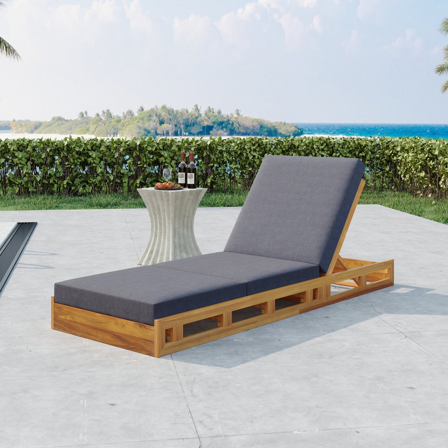 LOUNGE CHAISE SET, ACACIA SOLID WOOD WITH LOUNGE CUSHION (DARK GREY & TRIPLE FOLD) - MATCHING CREAM VERSION AVAILABLE