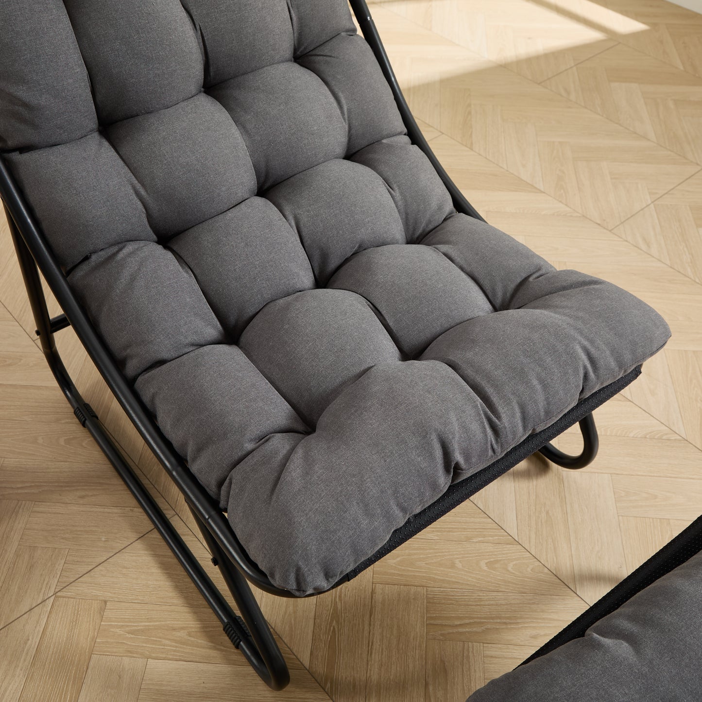 Patio Outdoor Lounge Chair with Ottoman, Comfy Sling Recliner Chair with Puffy Cushion and Foot Stool, Ideal for Living Room, Bedroom, Reading Room, Black frame with grey cushion
